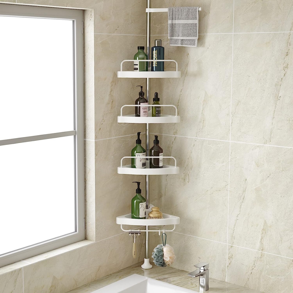 4-Tier Bathroom Telescopic Corner Shower Shelf Shower Corner Rack Caddy Pole Wall Rack Storage Organizer Soap Holder Stainless Steel Clad Pipe